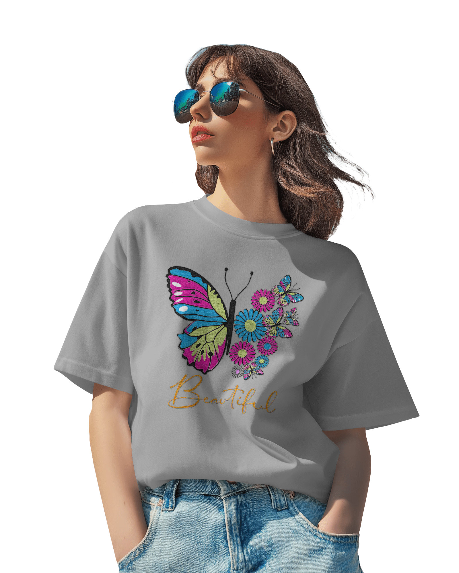 Women's Loose Fit T-Shirt with Butterfly Floral Graphic