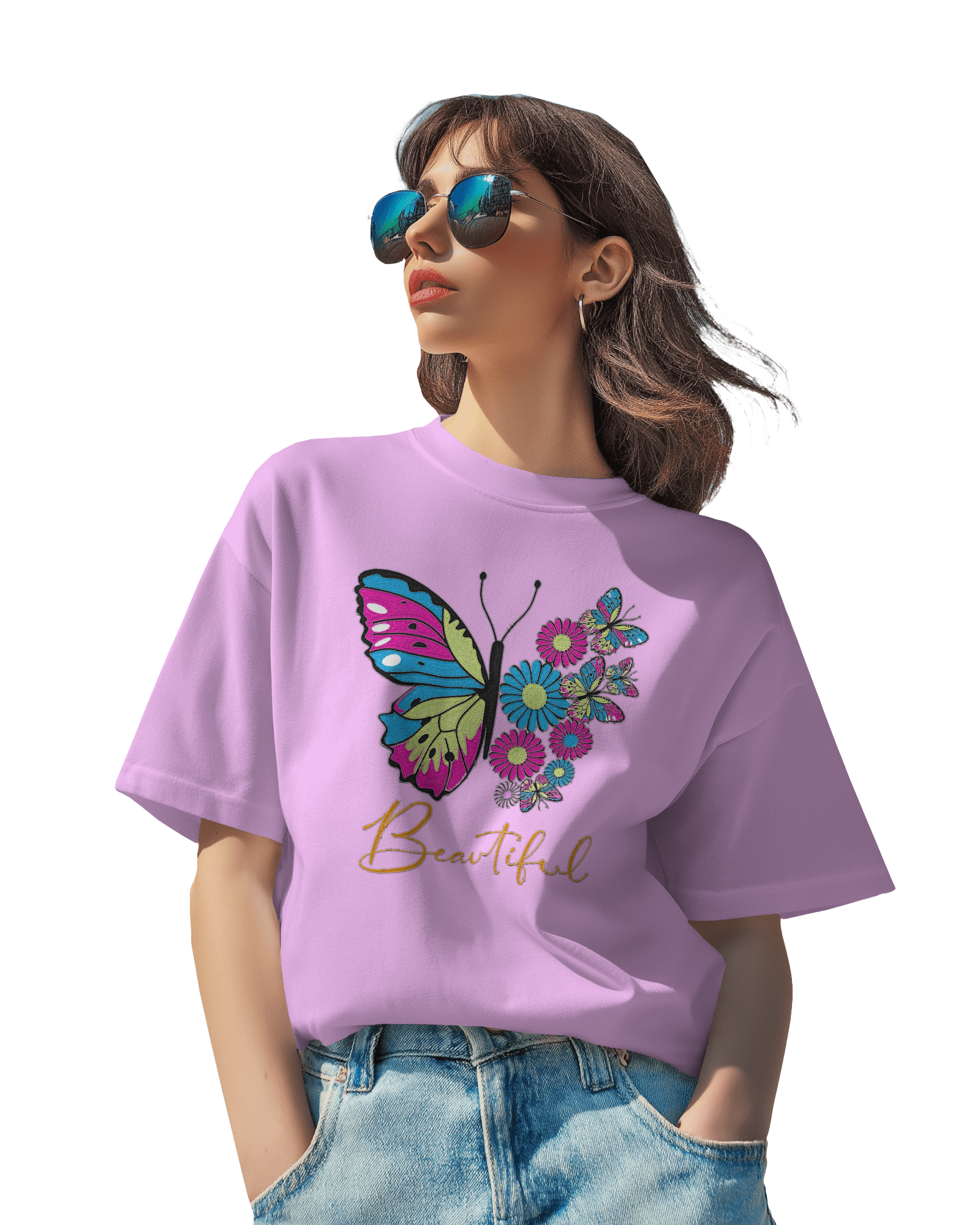 Women's Loose Fit T-Shirt with Butterfly Floral Graphic