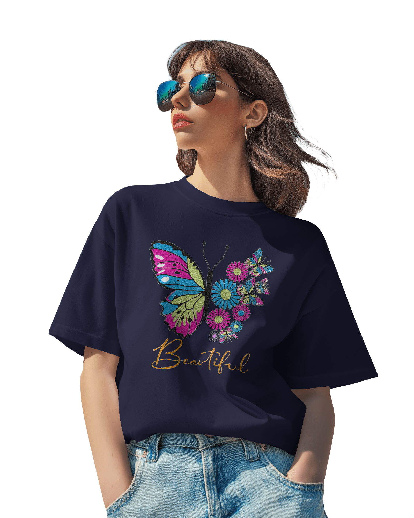 Women's Loose Fit T-Shirt with Butterfly Floral Graphic