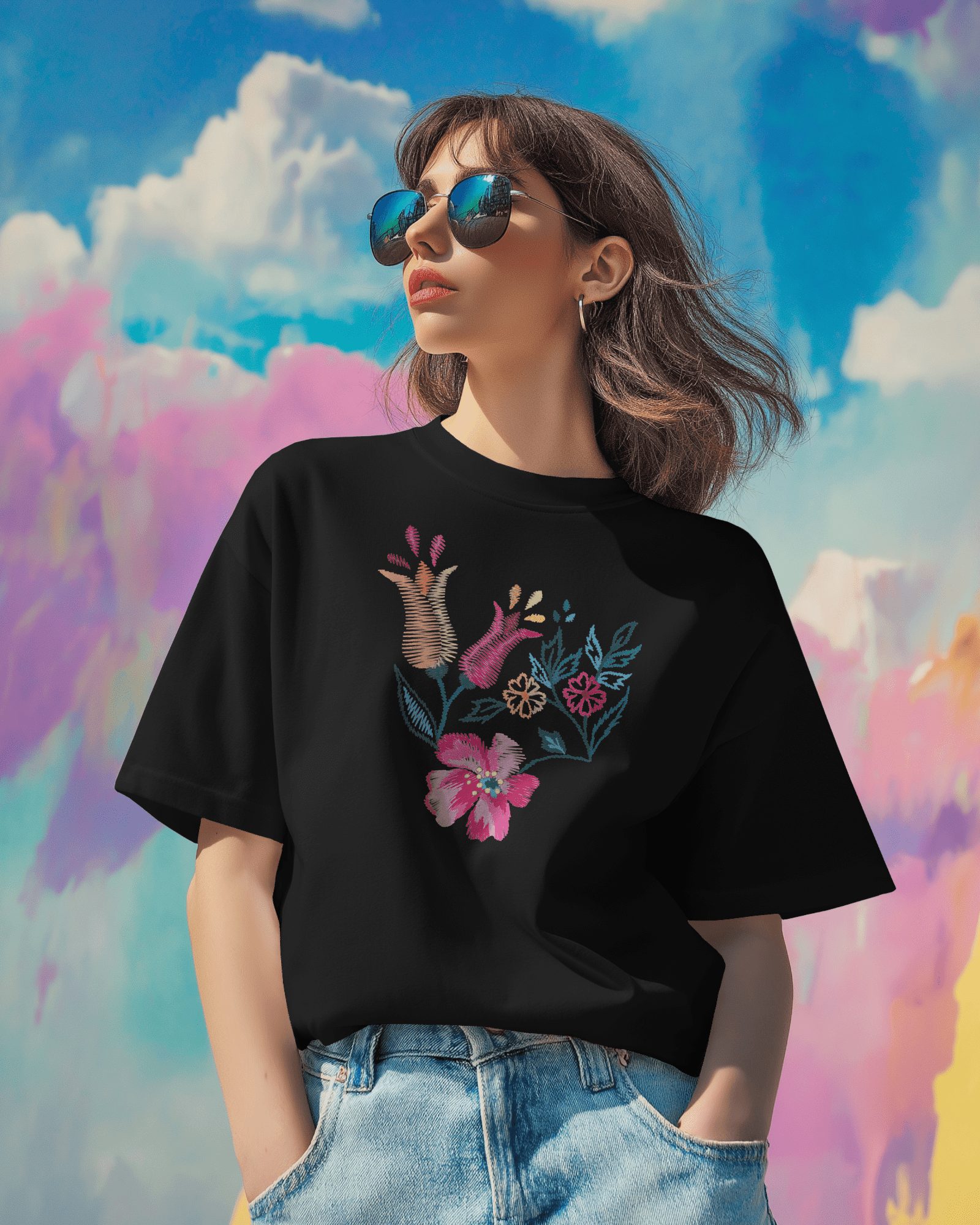 Floral Embroidered Hand Graphic Regular T-Shirt