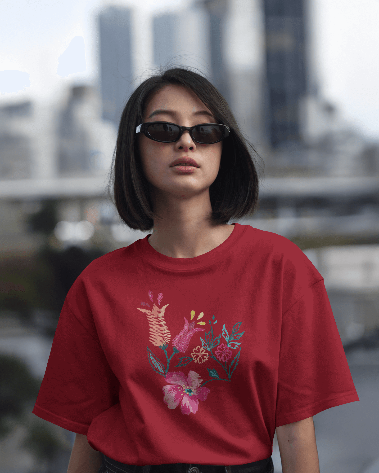 Floral Embroidered Hand Graphic Regular T-Shirt
