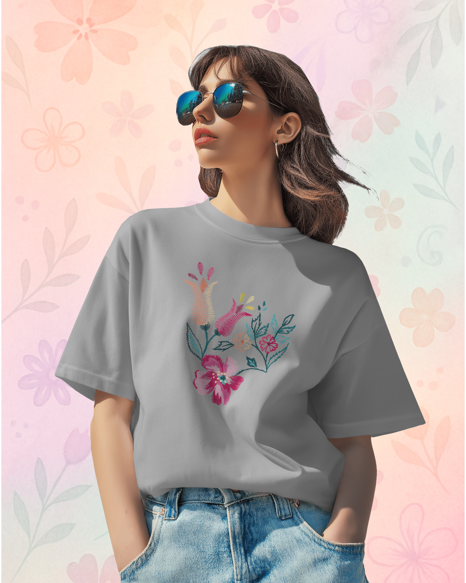 Floral Embroidered Hand Graphic Regular T-Shirt